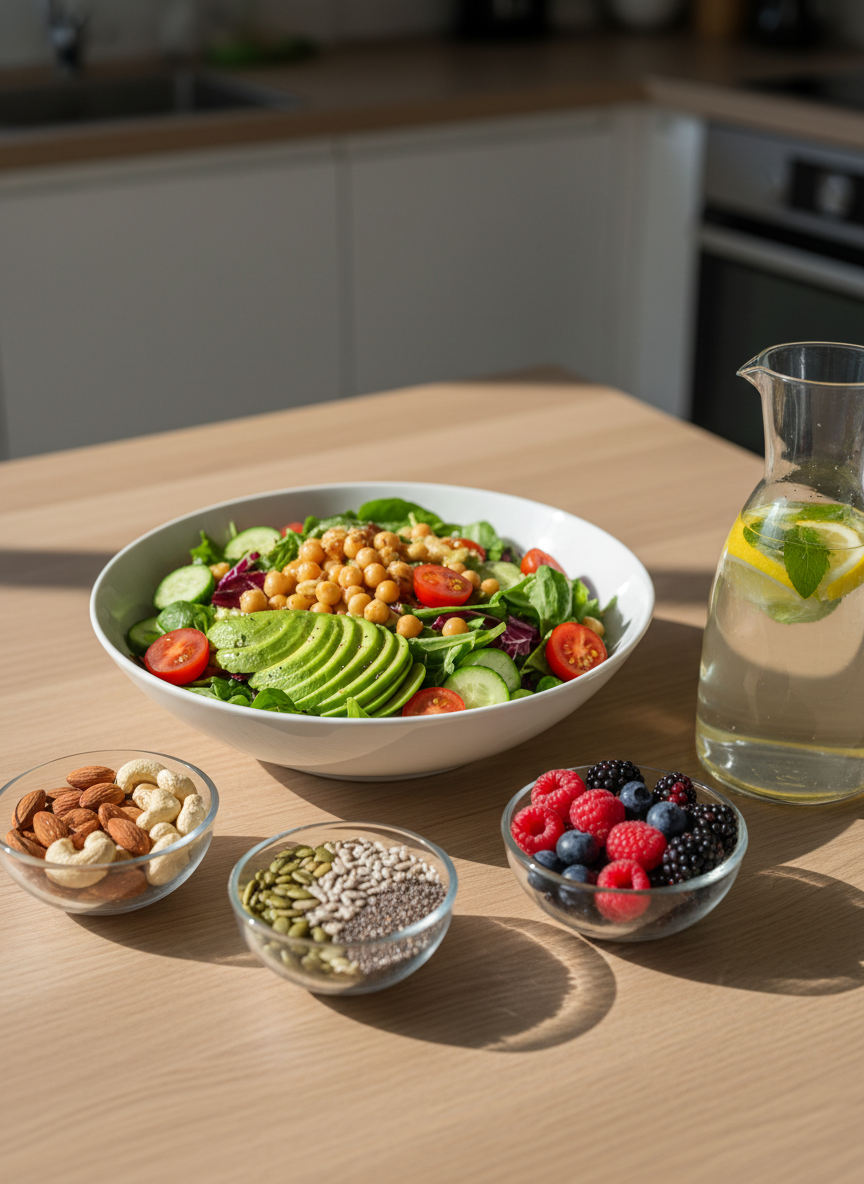 A meticulously arranged Mediterranean-inspired healthy meal spread on a light oak kitchen table, featuring a large white ceramic bowl of colorful mixed salad with leafy greens, cherry tomatoes, cucumber, chickpeas, and avocado slices, drizzled with a subtle sheen of olive oil. Surrounding it are small glass bowls with nuts, seeds, and fresh berries, plus a clear carafe of infused water with lemon and mint. Soft morning daylight filters through an unseen window, casting gentle, natural shadows. Photographic realism with a clean, modern aesthetic, shot from a slightly elevated angle using the rule of thirds. The mood is sophisticated yet approachable, evoking evidence-based, professional nutrition guidance while keeping the background minimally blurred with neutral tones to ensure the food remains the hero.