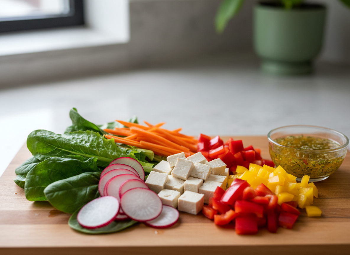 A close-up photographic shot of a polished wooden cutting board covered with vividly fresh ingredients for a healthy salad: crisp romaine and spinach leaves, sliced radishes, julienned carrots, diced red and yellow peppers, cubes of firm tofu, and a small glass dish of vinaigrette with visible herbs. The background shows a blurred, minimalist kitchen with light stone countertops and a subtle hint of greenery from a potted plant. Natural side lighting from a nearby window creates delicate highlights on the vegetables and a gentle gloss on the dressing, with soft, controlled shadows. The composition focuses tightly on the ingredients, using shallow depth of field to convey texture and freshness, supporting an atmosphere of refined, scientific attention to dietary detail.