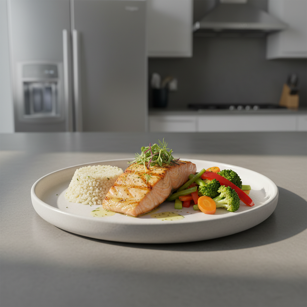 A single, elegantly plated balanced meal on a matte white stoneware plate: grilled salmon with a light golden sear, a portion of fluffy quinoa, and a vibrant mix of steamed broccoli, carrots, and red peppers, all arranged with precise, restaurant-style symmetry. The plate rests on a smooth gray concrete countertop in a contemporary kitchen setting, with subtle hints of stainless steel appliances softly blurred in the background. Diffused daylight from the side creates refined highlights on the textures of the food and soft shadows beneath the plate. Photographic realism with a sophisticated, clinical yet inviting atmosphere, framed at eye level with a shallow depth of field, conveying the concept of a scientifically grounded, healthy diet without any distracting elements.