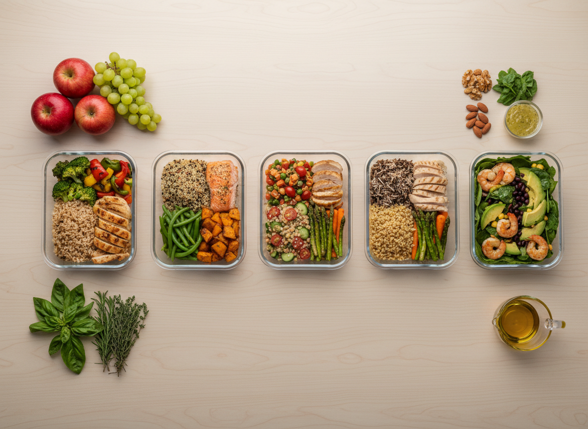 A top-down photographic view of a weekly healthy meal-prep scene on a spotless wooden table, featuring five transparent glass containers neatly filled with colorful, balanced meals: whole grains, lean proteins, and a variety of roasted and fresh vegetables. Around them are precisely arranged ingredients: whole fruits, a small pile of raw nuts, bunches of fresh herbs, and a clear measuring cup with olive oil. Soft, even overcast lighting creates minimal reflections and natural colors, emphasizing freshness and realism. The composition uses clean lines and a grid-like layout, evoking organization and planning. The mood is calm, methodical, and professional, ideal for illustrating structured diet advice and credible nutrition planning in a sophisticated, evidence-based setting.