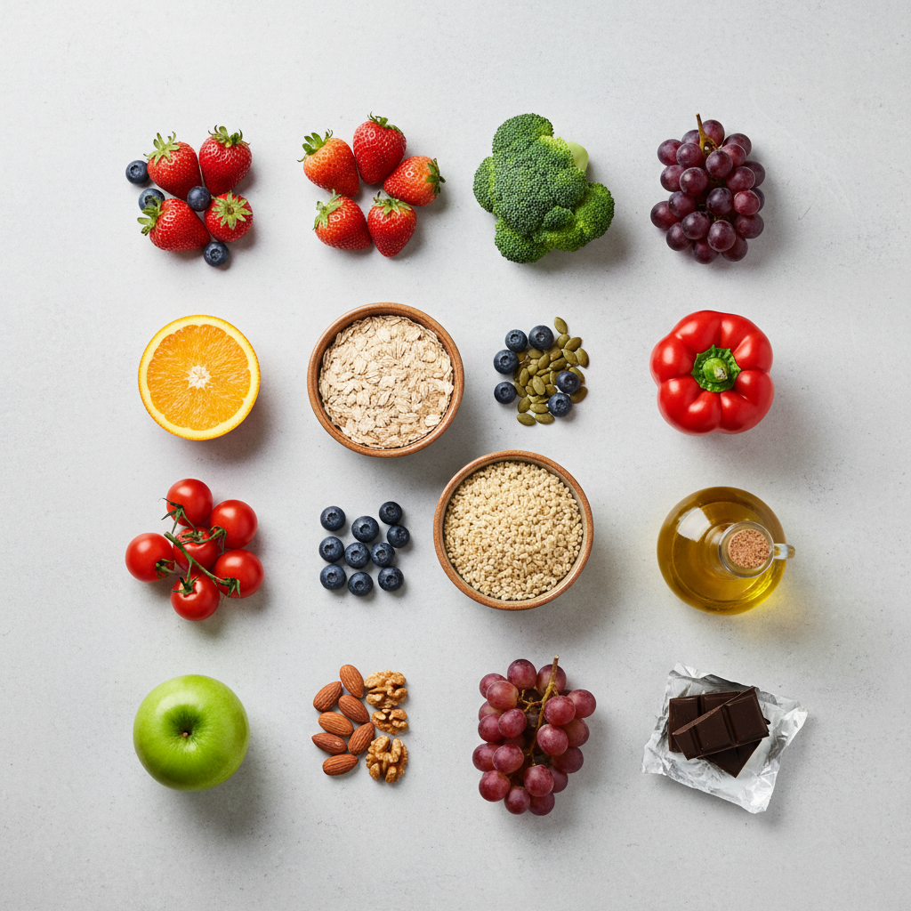 An artfully organized flat lay of whole, minimally processed foods representing a healthy dietary pattern: whole grains in small ceramic bowls, a variety of colorful fruits and vegetables, a handful of raw nuts and seeds, extra-virgin olive oil in a clear glass bottle, and a piece of dark chocolate for balance. All items are carefully spaced on a smooth, light stone surface, creating a sophisticated, almost infographic-like arrangement without any text. Bright, diffused daylight from above ensures true-to-life colors and minimal harsh shadows. Photographic realism with a clean, modern style, framed symmetrically from a bird’s-eye view. The mood is informative and authoritative yet warm, ideal for conveying core principles of evidence-based healthy eating to a Spanish-speaking audience.